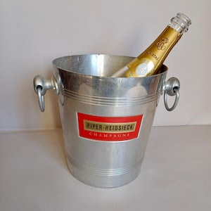 A Lovely classic Silver Coloured, Vintage, French, metal, Piper Heidsieck Champagne, Ice Bucket or Wine cooler, found in Normandy France
