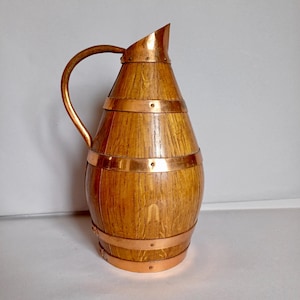 A Lovely Small to Mid Sized, Hand Made, Signed French Vintage Coopered, Copper Metal and Wood, Barrel Wine/Cider Jug or Carafe from Normandy