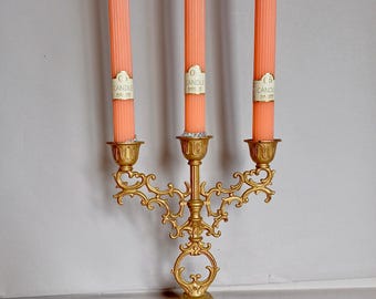 A Lovely Classic Art Nouveau style Triple Floral Brass or Decorative Bronze 3 Candle Holder or Candelabra Centrepiece found Normandy France