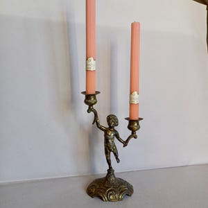 A Classic Cherub Art Nouveau style Vintage, Brass Metal Italian Double Candlestick/Candelabra or 2 Candle Holder found in Normandy France