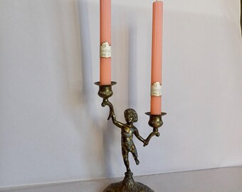 A Classic Cherub Art Nouveau style Vintage, Brass Metal Italian Double Candlestick/Candelabra or 2 Candle Holder found in Normandy France
