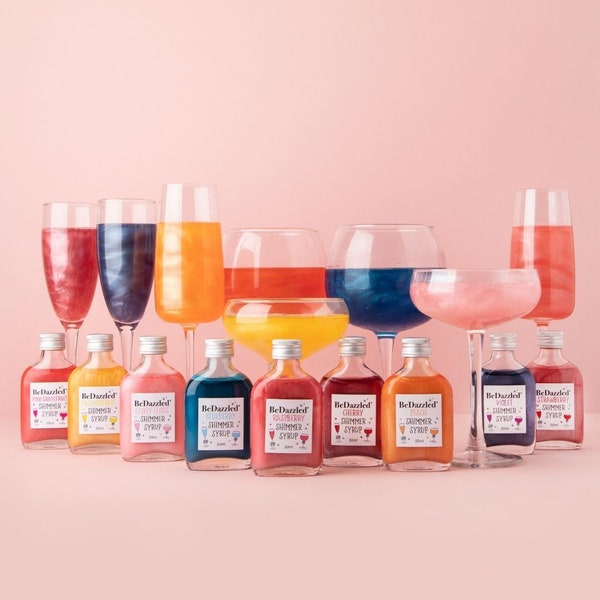 40 FAB FLAVOURS! Shimmer Glitter Syrups for Prosecco, Gin Vodka Cocktail making, Rum.10 servings, passionfruit, candyfloss, raspberry & more