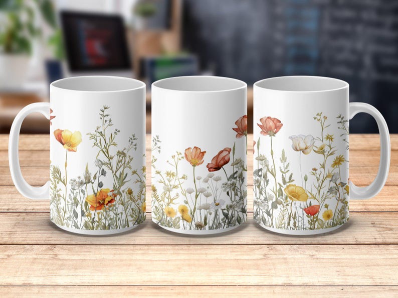 Artistic 3D Wildflower Themed Mug Wrap Design, Digital Download PNG ...