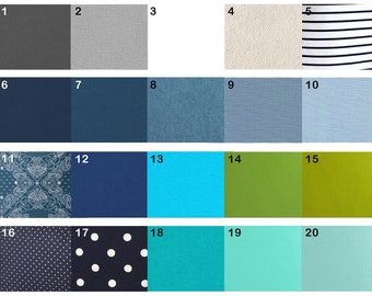 May include: A colour chart featuring 20 different colours and patterns. The colours range from dark grey to light blue, with some patterns including stripes, polka dots and paisley.