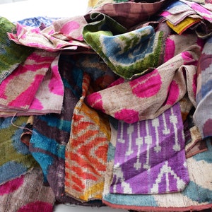 Hand Woven Natural Silk Fabric Remnants, Ikat Scraps, Ebrodered, Ikat Bundle, Ikat Remnants Pack, Ikat Pieces For Patchwork