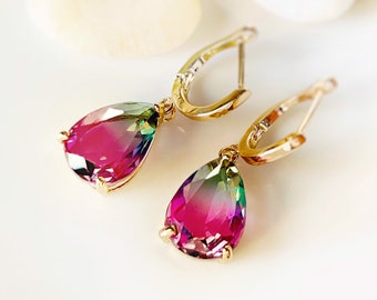 Bi-Color Tourmaline,Gemstone Earring,Watermelon Earring,Dual Color Earring,dangle Drop Earring,Cluster Earring,Bridsmaids Earring,Boho,Gift
