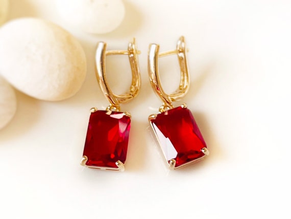 Large Emerald Cut Ruby Dangle Earrings July Birthstone Red