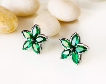 Emerald green flower stud earrings white gold, green gemstone flower earrings, gift for her, gift for daughter, May birthstone