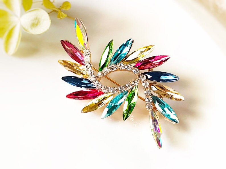 Multicolored crystal bouquet brooch pin, rainbow fancy crystal brooch, crystal statement brooch, gift for her, gift for mom image 3