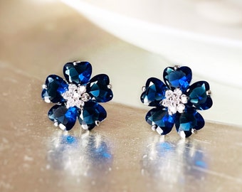 Sapphire flower stud earrings, navy blue gemstone double flower studs, statement studs, September birthstone, gift for mom, gift for her