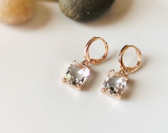 Small emerald cut white sapphire dangle earring, white gemstone drop earrings, April birthstone, gift for her, gift for girl