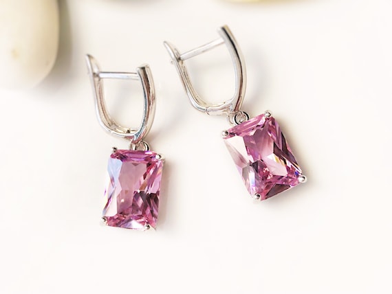 Large Emerald Cut Pink Sapphire Dangling Earring in 18K White Gold