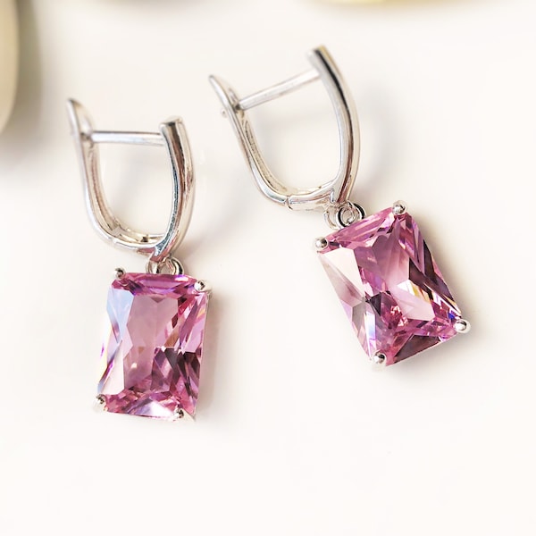 Large emerald cut pink sapphire dangling earring in 18K white gold, pink gemstone earrings, gift for mom, gift for her, October birthstone