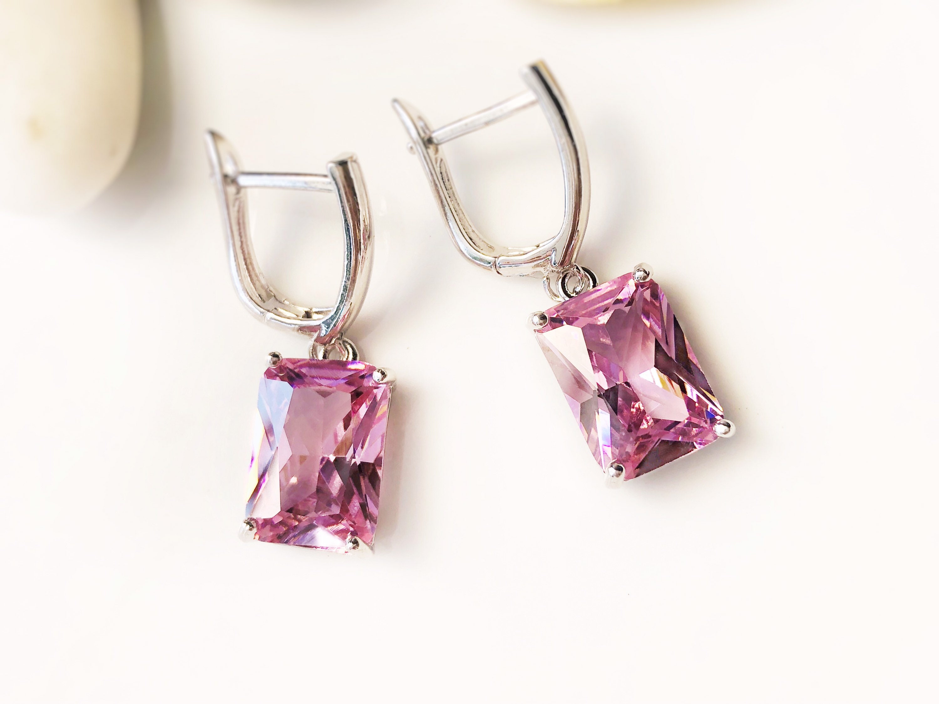 Large Emerald Cut Pink Sapphire Dangling Earring in 18K White