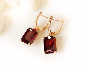 Large emerald cut garnet dangle earrings, January birthstone, red gemstone drop earrings, gift for mom, gift for her
