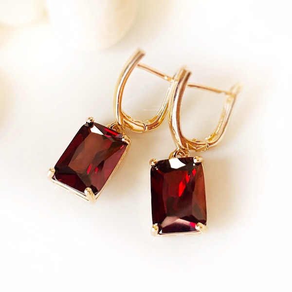 Large emerald cut garnet dangle earrings, January birthstone, red gemstone drop earrings, gift for mom, gift for her