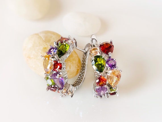 Multicolored Gemstone Hoop Earrings in 18K White Gold Rainbow