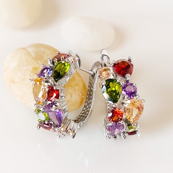 Multicolored gemstone hoop earrings in 18K white gold, rainbow gemstone statement hoop, gift for mom, gift for her