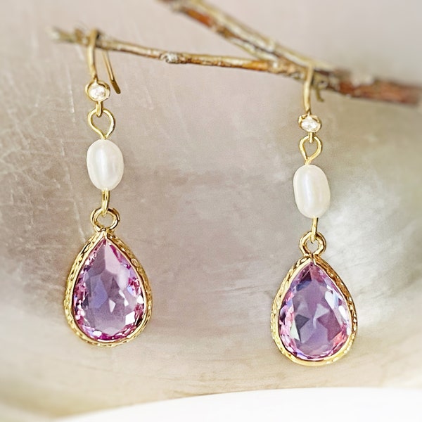 Light amethyst pearl long dangle earrings gold, light purple lavender crystal pearl bridal earrings, gift for her, February birthstone