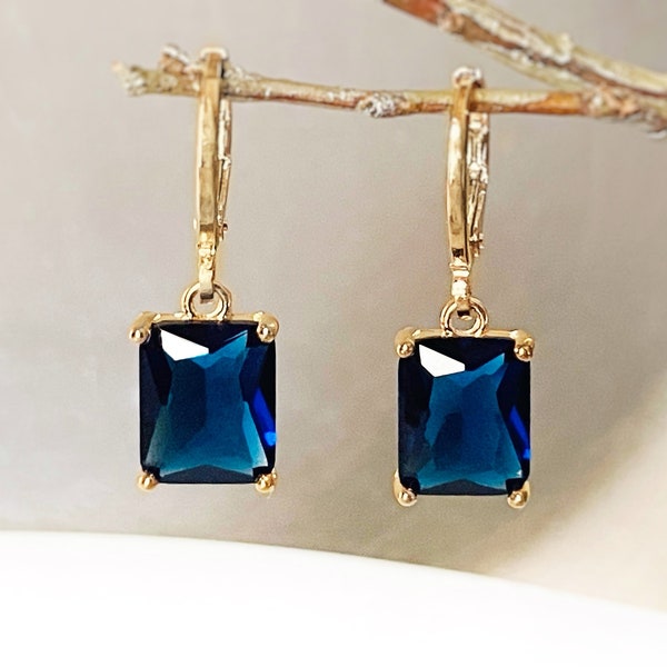 Small emerald cut sapphire dangle earrings, dark blue rectangular dangles, gift for her, gift for girls, September birthstone
