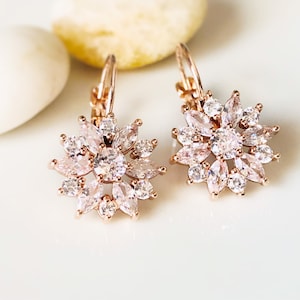 White sapphire flower leverback earrings 14K rose gold, bridal earrings, gift for her, gift for mom, April birthstone