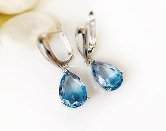 Bicolor blue topaz teardrop dangle earrings, gradient blue gemstone drop earrings, gift for her, gift for mom, December birthstone