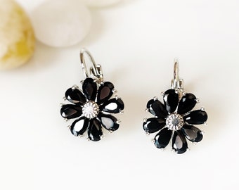 Onyx flower dangle earrings, black gemstone daisy flower earrings, small daisy flower leverback earrings, gift for mom, gift for her