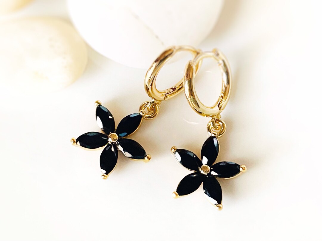 Onyx Flower Dangle Earrings in 14k Gold, Black Flower Drop Earrings
