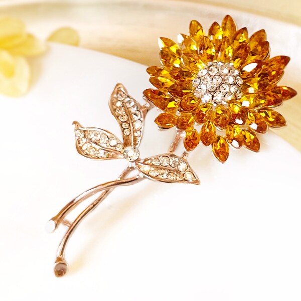 Orange topaz sunflower brooch in 14K rose gold, orange yellow crystal sunflower brooch, gift for her, gift for mom
