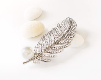 Pearl crystal pave feather brooch pin white gold plated, crystal feather silver brooch, wedding bouquet brooch, gift for her, gift for mom