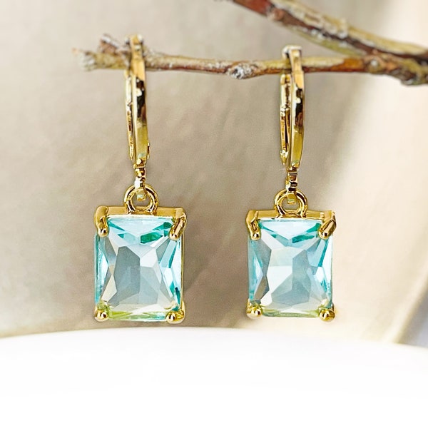 Small aquamarine emerald cut dangle earrings, light blue rectanglar gemstone drop earrings, gift for her, gift for girls, March birthstone