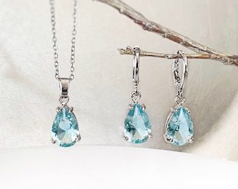 Aquamarine 2pc jewelry set, light blue teardrop gemstone dangle earring necklace set, gift for her, march birthstone, bridal jewelry