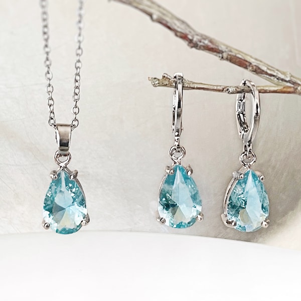 Aquamarine 2pc jewelry set, light blue teardrop gemstone dangle earring necklace set, gift for her, march birthstone, bridal jewelry