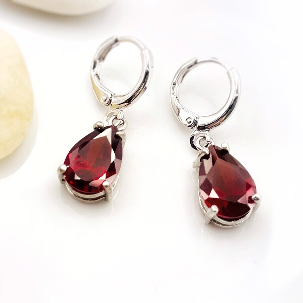 Teardrop garnet dangle earrings, red gemstone drop earrings, January birthstone, gift for her, gift for mom