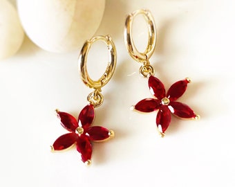 Garnet flower dangle earrings in 14k gold, red flower drop earrings, January birthstone earrings, gift for mom, gift for her