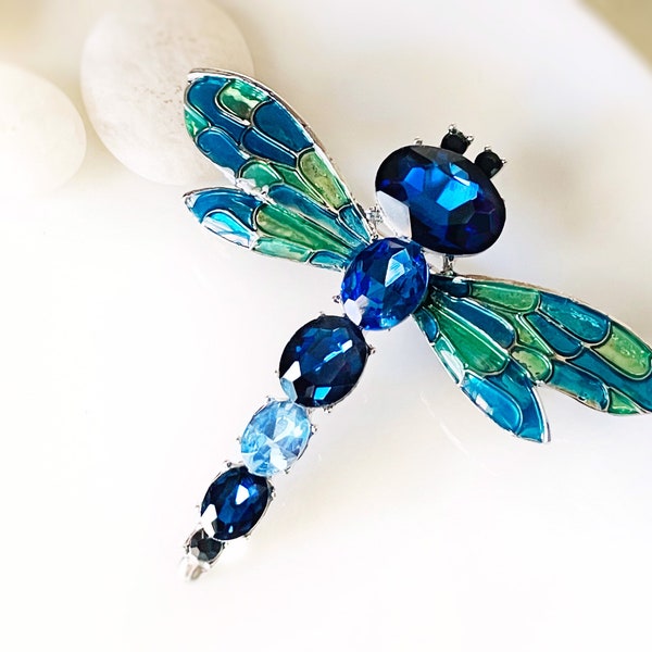 Green blue dragonfly brooch pin, Fancy crystal crystal enameled dragonfly brooch, statement brooch, gift for her, gift for mother