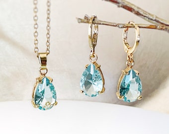 Aquamarine 2pc jewelry set, light blue teardrop gemstone dangle earring necklace set, gift for her, march birthstone, bridal jewelry