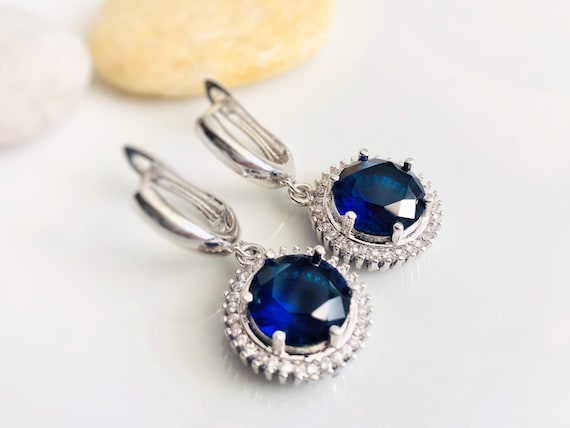 Large Halo Sapphire Dangle Earrings Dark Blue Round Gemstone