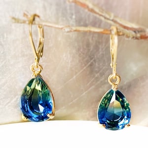 Bicolor green tourmaline dangle earrings, blue green teardrop earrings, gift for her, gift for mom image 2