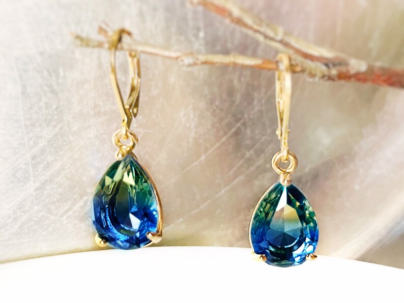 Bicolor green tourmaline dangle earrings, blue green teardrop earrings, gift for her, gift for mom image 2