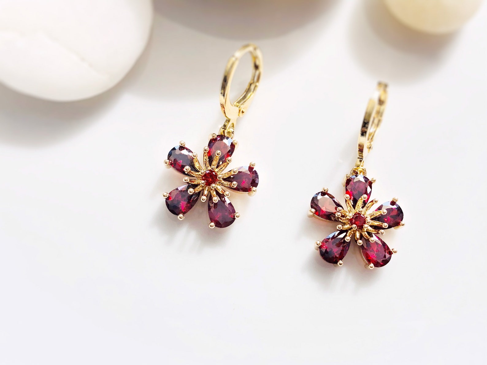 Garnet flower dangle earrings in 14k gold red garnet flower | Etsy