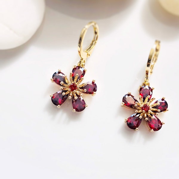 Garnet flower dangle earrings in 14k gold, red garnet flower drop earrings, January birthstone earrings, gift for mom, gift for her