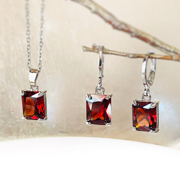 Garnet 2pc jewelry set, dark red small emerald cut gemstone dangle earring necklace set, gift for her, January birthstone, bridal gift