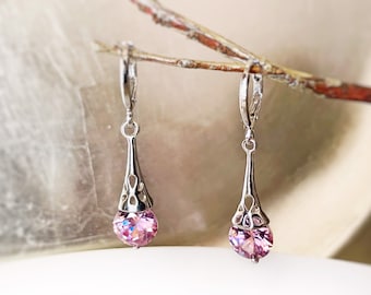 Pink sapphire filigree dangle earrings, small pink gemstone drop earrings, gift for her, gift for daughter, October birthstone