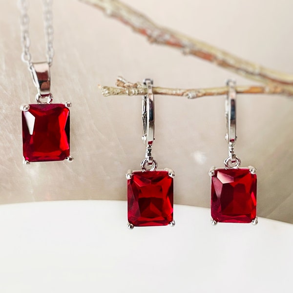 Small emerald cut ruby 2pc jewelry set, red gemstone earring necklace set, rectangular dangle, gift for her, gift for girl, July birthstone