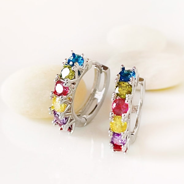 Rainbow Gemstone Hoop Earring in 18K white gold, silver Multicolor Gemstone Hoop earrings, Gift For Her, Gift For Mom