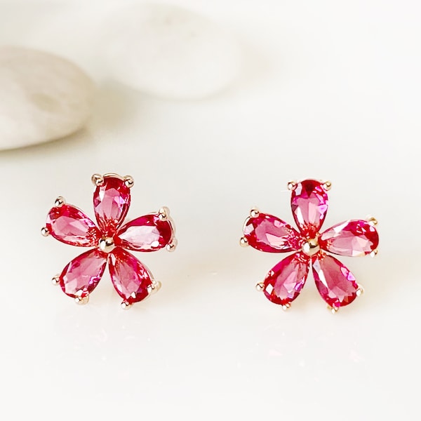 Small pink tourmaline flower stud earrings in rose gold, pink gemstone flower studs, gift for her, gift for girls, October birthstone