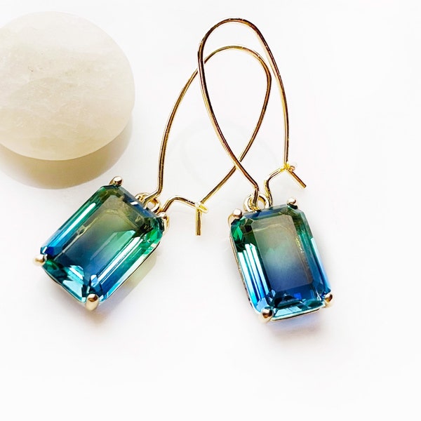 Bicolor blue tourmaline emerald cut earrings in 14K gold filled, Blue green Bicolor sapphire crystals, gift for her, bridesmaids earrings