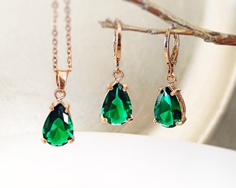 Emerald green teardrop 2pc jewelry set, dark green gemstone dangle earring necklace set, gift for her, May birthstone, bridal jewelry