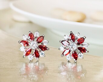 Garnet stud earring studs, red white gemstone flower studs, snowflake earrings, gift for her, gift for mom, January birthstone